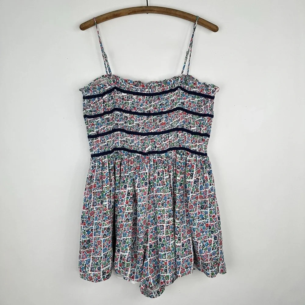 Free People NWT Bali Checked Out Gardenia Floral Romper LARGE‎ Smocked Pockets
